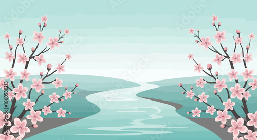 Elegant Cherry Blossom Landscape With River Illustration in Spring Season