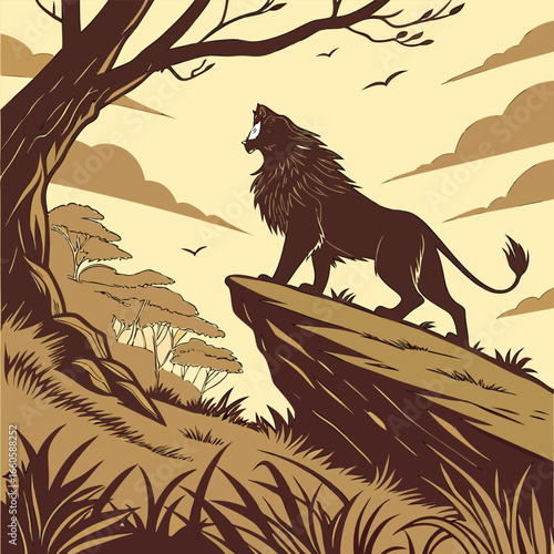 Majestic lion roaring on cliff edge under tree branches savanna