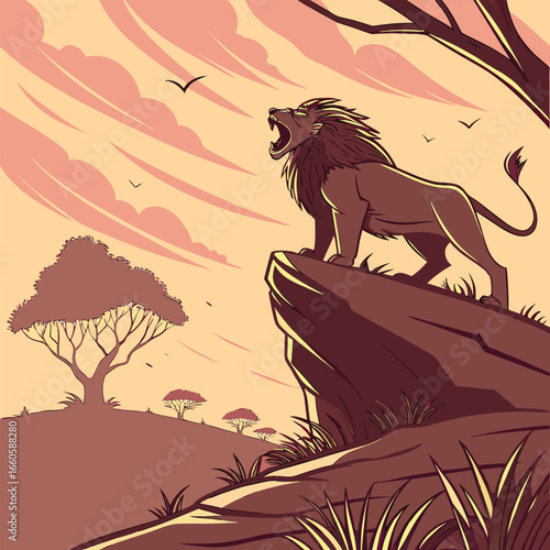 Majestic lion roars from rocky outcrop under savanna sky roaring cliff