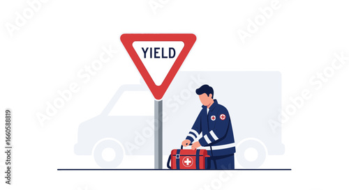 Emergency Responder Preparing Medical Kit Near Roadside Yield Sign