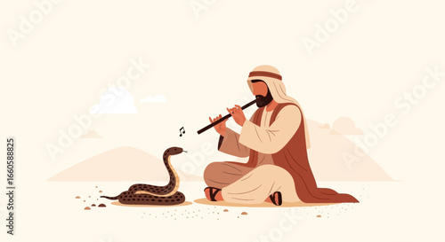 Enchanting Melody Man Charm Snake Exotic Tune Mysterious Desert Illustration