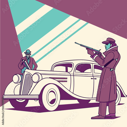 Men with vintage car and rifle fedora trench coat