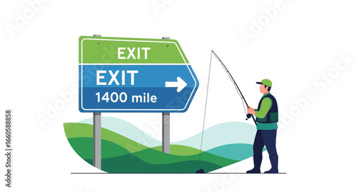 Endless Journey Fishing At The Exit Sign Far Away From Civilization Place