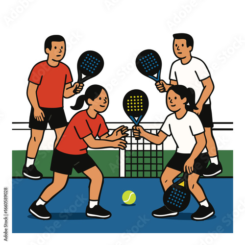 Flat vector illustration of padel doubles rally four players with net