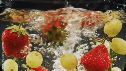 Refreshing Fruits Plunging Into Water Bubbles on Dark Background