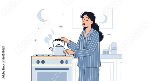 Exhausted Young Woman In Pajamas Brewing Tea Late At Night Illustration