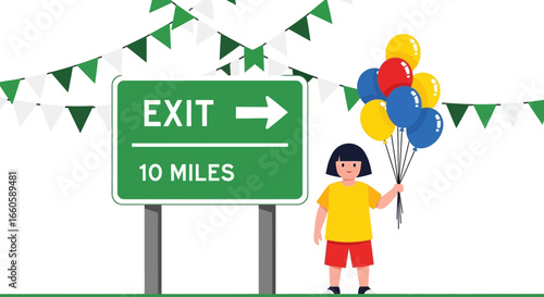 Exit Sign Celebrates Journey Milestone with Balloons and Bunting