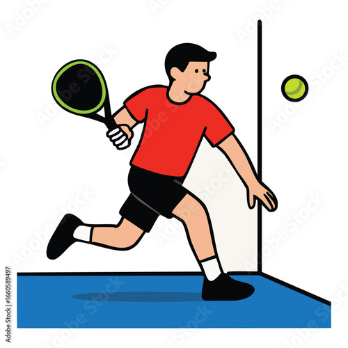 Flat vector illustration of padel player running sideways chasing ball