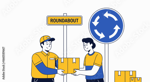Express Courier Delivers Packages Near Traffic Roundabout Sign To Recipient