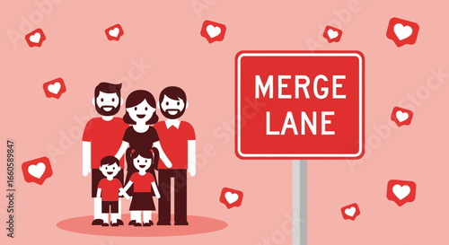 Family navigating social media merge lane with likes symbolizing approval and connection