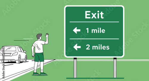 Farewell Gesture At Exit Sign With Directions On Road Trip Illustration