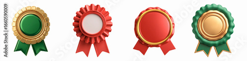 Collection of different medals isolated on a white background, multicolored red green gold medals with ribbons