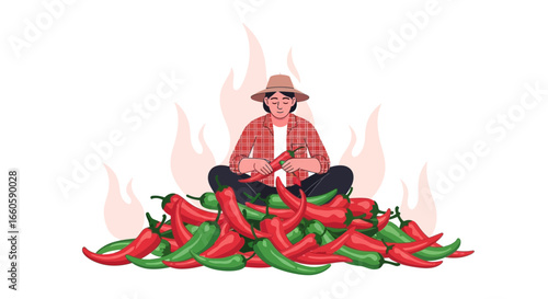 Farmer Inspecting Chili Peppers Crop For Quality On The Field With Fire