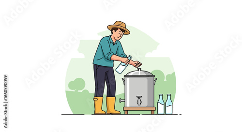 Farmer Preparing a Batch Brew with Bottles in an Outdoor Setting