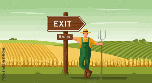 Farmer Resting Near Exit Sign with Beautiful Field Views in Background Cartoon Style