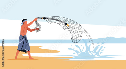 Fisherman Casting Net By The Sea, Vector Graphic Illustration On White Background