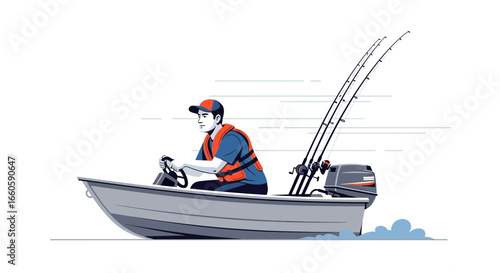 Fisherman Enjoying a Motorboat Ride for Recreational Fishing Activity