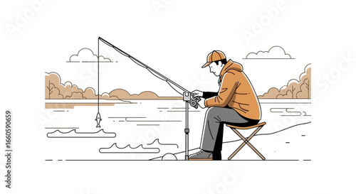 Fisherman Enjoying Peaceful Day By the River Relaxing With Fishing Rod