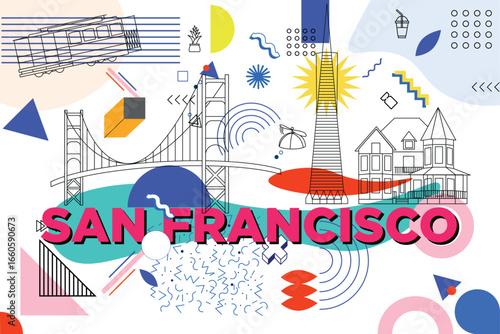 Typography word San Francisco branding technology concept. Collection of flat vector web icons, culture travel set, famous architectures, specialties detailed silhouette. USA Memphis famous landmark.