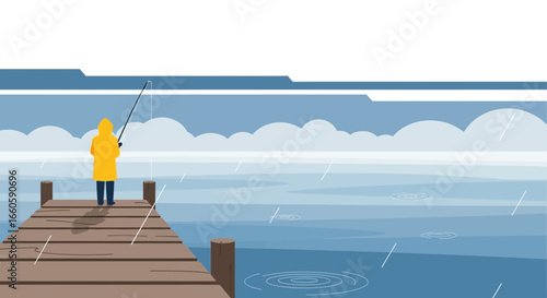 Fisherman In Yellow Raincoat Stands On Pier, Fishing In Rainy Weather