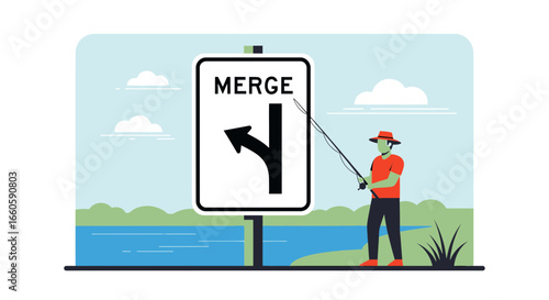 Fishing Metaphor With Merge Sign Symbolizing Combining Interests Or Paths