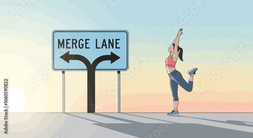 Fitness journey at the crossroads, woman practices yoga facing a merge lane sign, representing choices and wellness