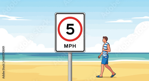 Five Mph Speed Limit Sign on Beach Promoting Safety Cartoon Style