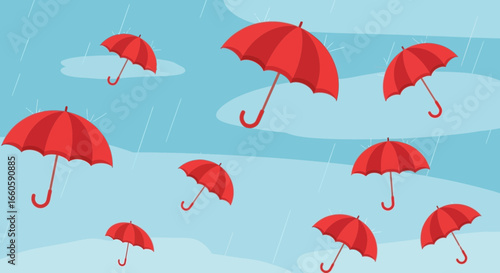 Floating Red Umbrellas On Rainy Day Abstract Background Protection Concept Design