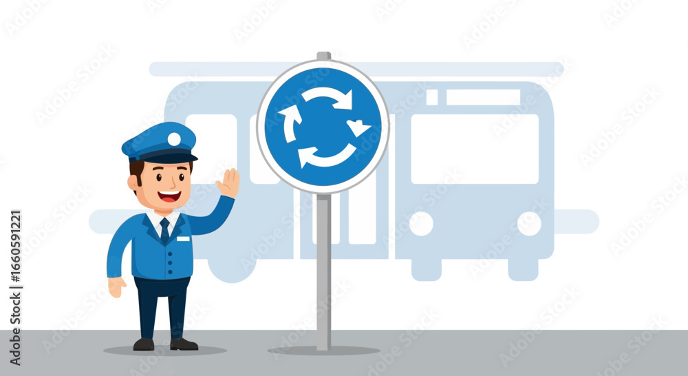 Obraz premium Friendly Bus Driver Next To Roundabout Sign With Vehicle Background