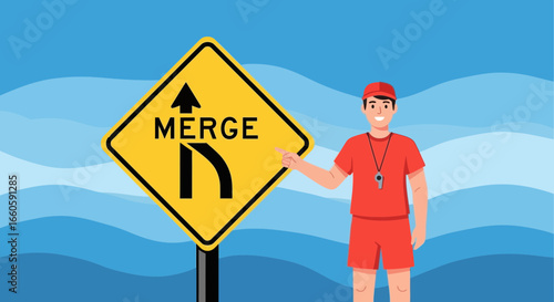 Friendly Instructor Indicates A Road Sign About Merge Signage Meaning ahead