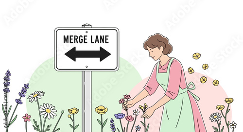 Gardener Deciding Which Direction To Grow With Merge Lane Street Sign
