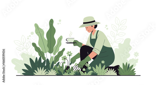 Gardener Enjoying Refreshment While Tending Flowers In A Peaceful Verdant Setting