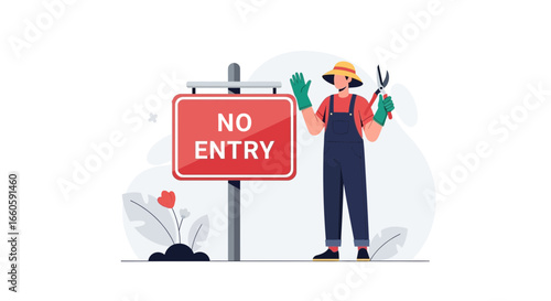 Gardener Restricting Access With A Symbolic No Entry Sign And Gesturing Stop