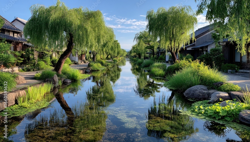 Fototapeta premium Japanese canal lined with willows
