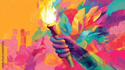 Bright and Colorful Image of Hand Holding the Olympic Torch for Creative Use