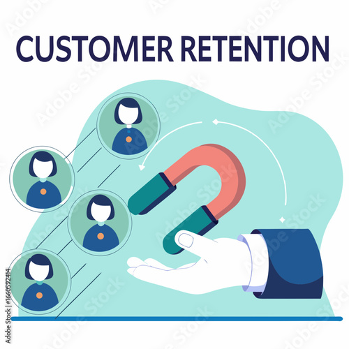 Customer retention concept hand with magnet tries to appeal clients
