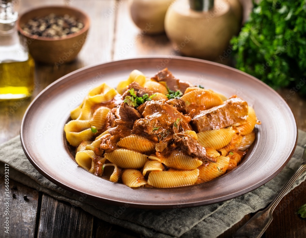 hearty duck ragu coats thick bigoli pasta on countryside kitchen table hearty duck ragu coats thick bigoli pasta on countryside kitchen table
