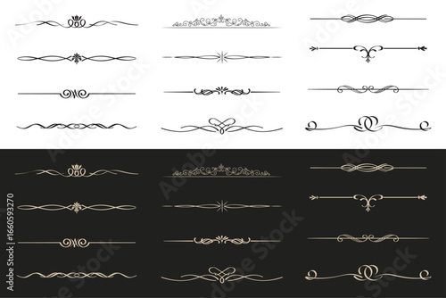 Collection of elegant decorative vintage ornamental dividers and flourishes for design and typography on white and black backgrounds