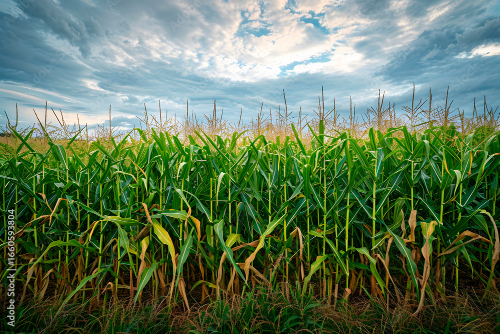 Fototapeta premium Dense green cornfield under dramatic sky