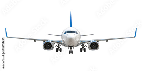 Front view of a modern white passenger jet with blue accents