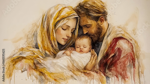 Holy family embracing newborn baby jesus in watercolor painting