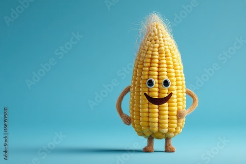 A cartoonish corn character with a smiling face and arms stands against a light blue background. The corn is bright yellow with a fluffy tuft on top.
