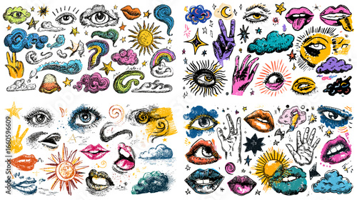 Colorful surreal pop art collage with eyes, lips, clouds, and stars in expressive modern style. Perfect for fashion graphics, tattoo design, and creative visual projects.