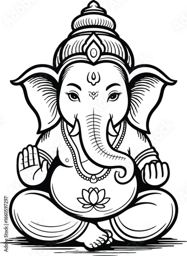 Intricate black and white sketch of lord ganesha in meditation pose