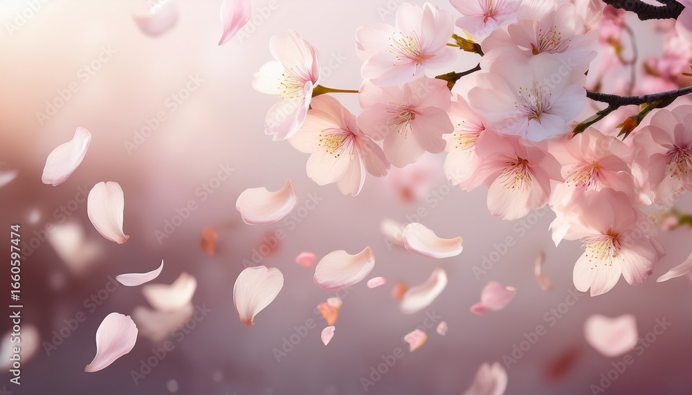 Fototapeta premium softly illuminated cherry blossom petals falling against a gentle background