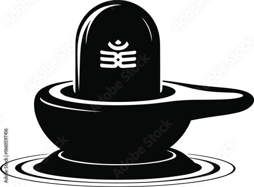 Stylized black and white illustration of a shiva lingam with a trishul symbol