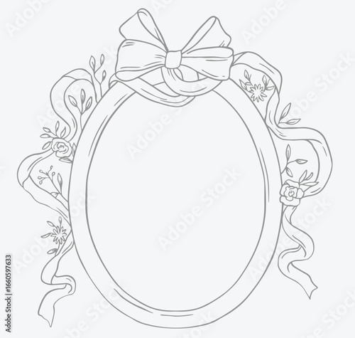 Ribbon bow vintage oval crest frame. Monogram vector frame.