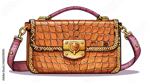 Rectangular mini bag with a croc texture and a gold-tone clasp .white background, 