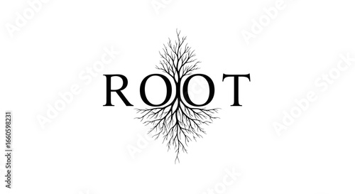 Elegant black serif typography for the word ROOT with intricate tree branches and roots growing from the intertwined letters.