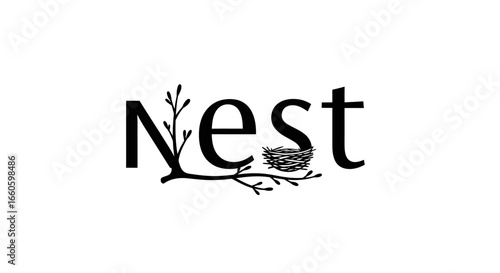 Creative black wordmark Nest with a stylized tree branch and a small birds nest graphic.